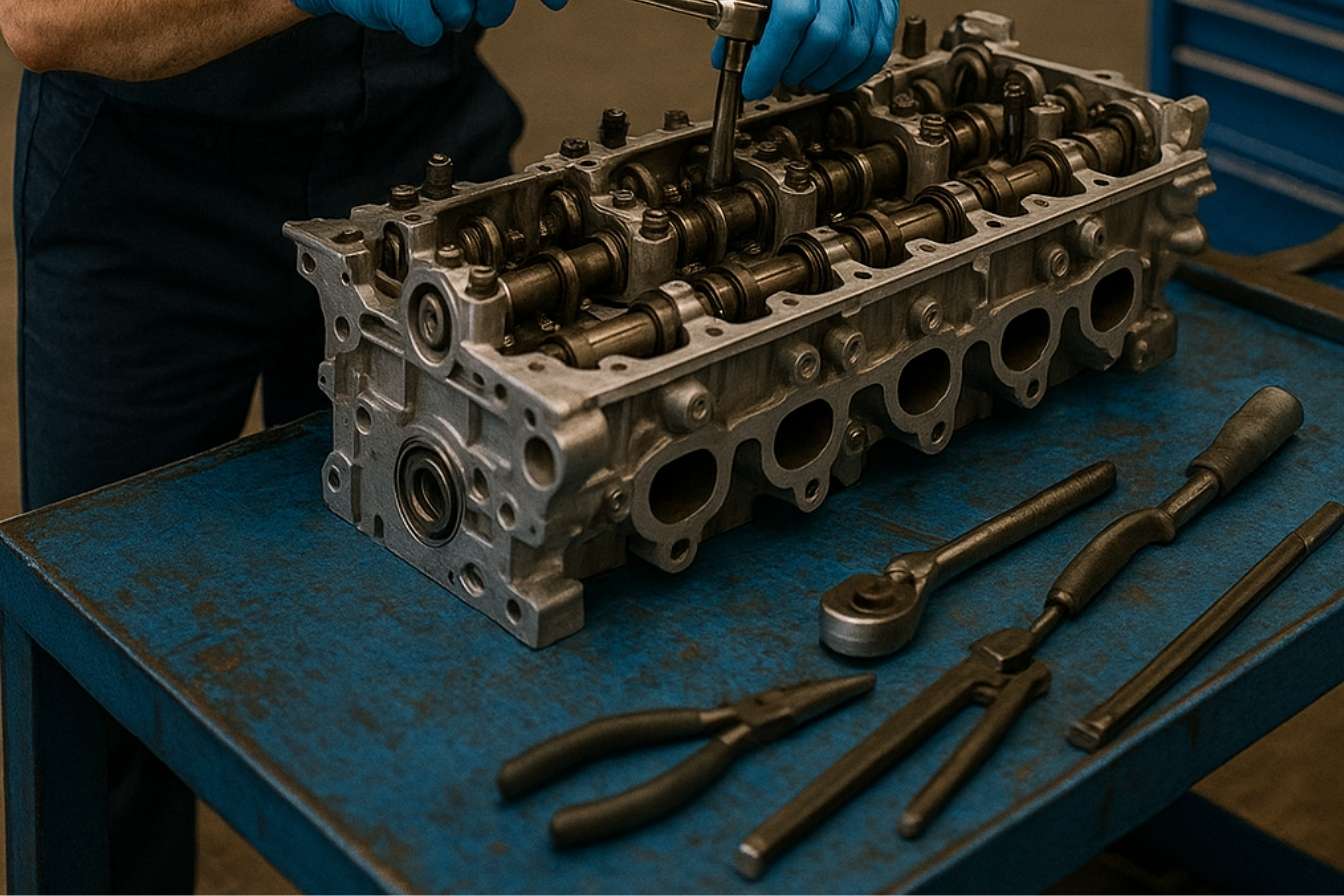 Reparación de cabeza de motor en taller mecánico profesional