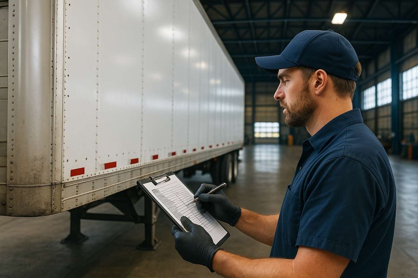 Técnico realizando checklist inspección cajas secas en tráiler